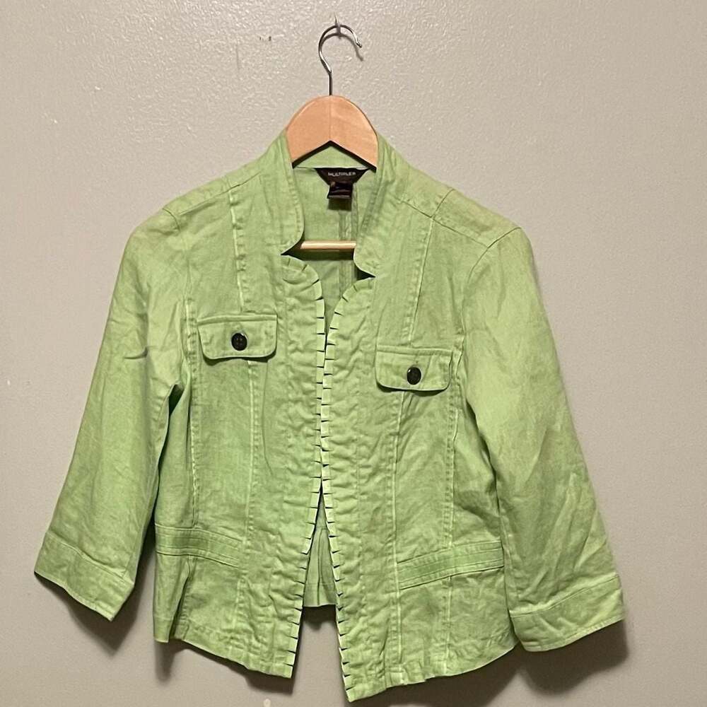 Multiples‎ Women's Lime Green 100% Linen Jacket Ribbon Trim Pleats - Picture 2 of 6